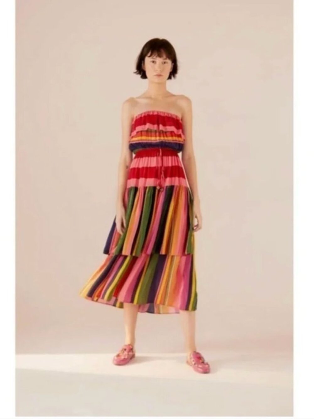 Farm Rio Colorblock Striped Off-the-Shoulder Maxi Dress | Small | Boho Tropical